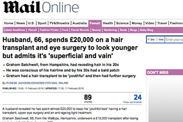 news husband 66 spends 20000 on a hair transplant and eye surgery to look younger but admits its superficial and vain the private clinic